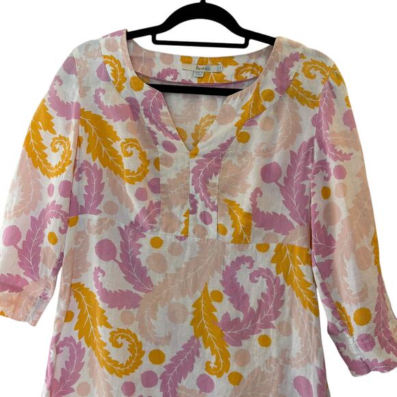 Boden Linen Floral Dress Size 8L Elbow Sleeve Knee Length Split V-Neck Pastel - Picture 2 of 9